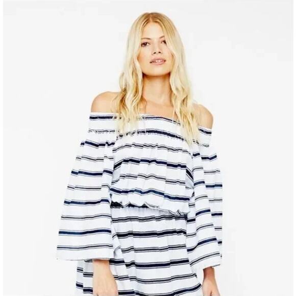 Faithfull the Brand White Navy Striped Off the Shoulder Mini Dress SZ 2 Coastal - Picture 1 of 12